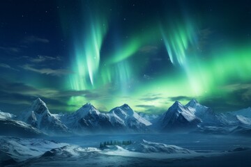 Naklejka premium Aurora's Embrace High-Resolution Photobash of Snowy Mountains and Luminous Lights