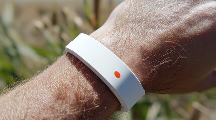 Smart wearable hydration tracker, sleek wristband, worn by a person, outdoor sunlight