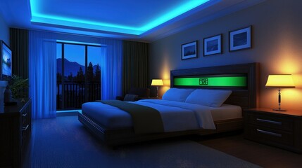 Smart wearable sleep monitor, sleek band, tracking sleep stages, cozy bedroom setting, dim light