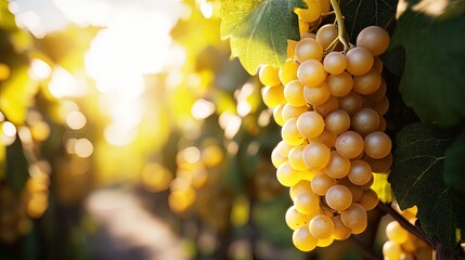 Sunlit vineyard, with rows of grapevines under a golden sun, warm, late afternoon light