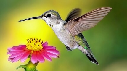 Naklejka premium Tiny hummingbird, hovering near a vibrant flower, with wings blurred in motion, bright natural light