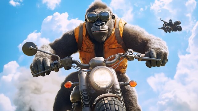 An adventurous gorilla with a fearless spirit zooms through the open sky, decked out in a stylish vest and goggles atop his trusty motorcycle toy 