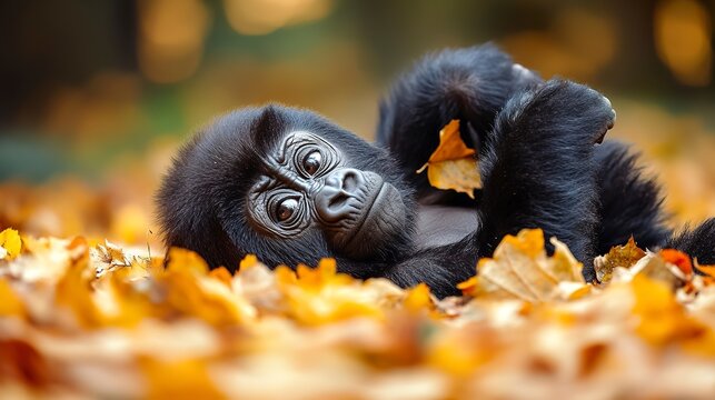 majestic adorable baby gorilla rolling in the autumn leaves
