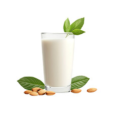 Almond Milk in Glass with Almonds and Leaves