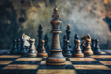 A Chessboard with All the Pieces Stacked in the Center, Forming a Tower