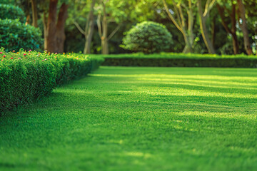 Fototapeta premium Beautiful manicured lawn and flowerbed with deciduous shrubs on plot or Park outdoor. Green lawn closely mowed as grass background.