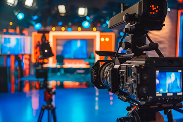 Behind scenes of television interview set: professional cameras aimed at guest speaker with host, highlighting media production and broadcast journalism.