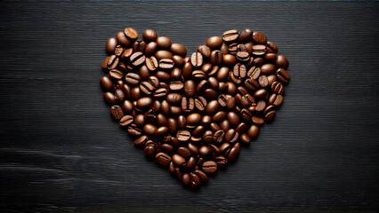 Heart shape made from coffee beans on wooden surface