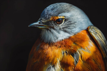 Close-up portrait of a colorful bird, showcasing detailed feathers and a sharp beak against a dark background.