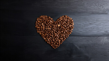 Heart shape made from coffee beans on wooden surface