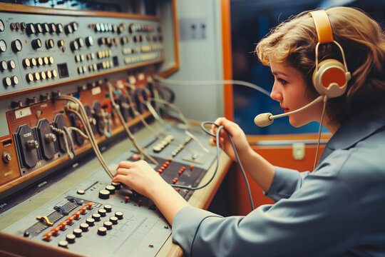 Call center employee using a retro switchboard to connect calls.