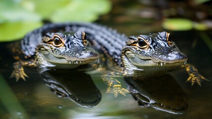 Obraz premium Two baby alligators are swimming in a pond