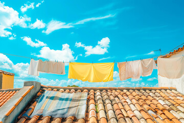 Clothes are dried on the clothesline in the rooftop in the sun with blue sky.