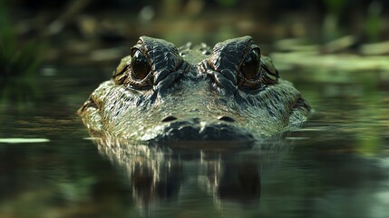 Fototapeta premium In the wetlands, an alligator glides silently through the water, its eyes and snout barely visible above the surface.