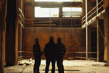 Fototapeta premium Construction workers assessing a space alone or with colleagues