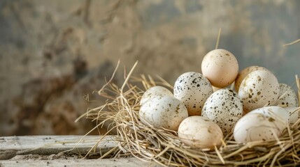 Obraz premium A pile of speckled eggs in a nest made of hay, on a rustic background.