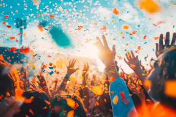 Crowd of people celebrating with confetti at festive outdoor event. Celebration and party atmosphere.