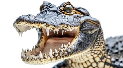 Fototapeta premium American crocodile with a wide open mouth and sharp teeth, against a white background 