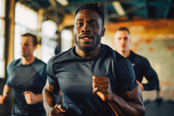 Obraz premium Determined man practicing jogging with male friends during exercise class in gym.