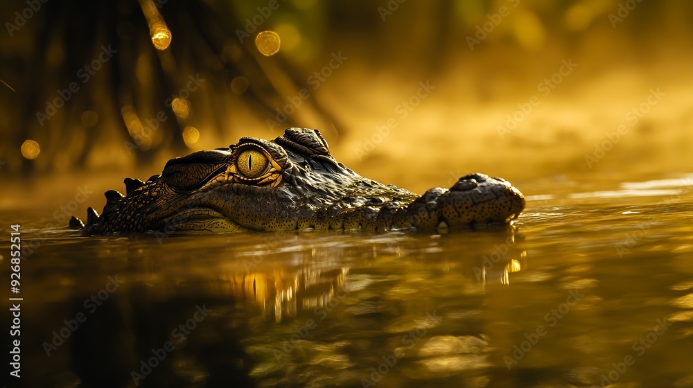 Wall mural crocodile gliding stealthily through murky waters, a master of camouflage and patience in the hunt