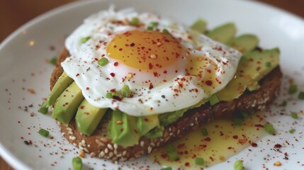 A poached egg on a slice of avocado toast, sprinkled with red pepper flakes.