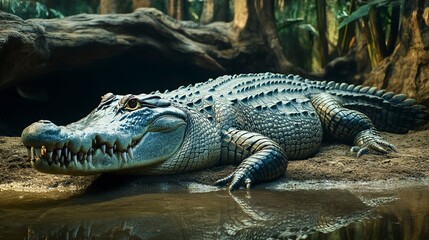 A large crocodile with scaly skin and sharp teeth lies in a swampy zoo enclosure, looking dangerous 