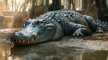 Obraz premium A large crocodile with scaly skin and sharp teeth lies in a swampy zoo enclosure, looking dangerous