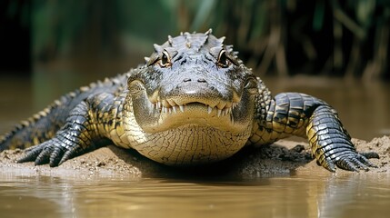 Fototapeta premium Adult Orinoco Crocodile spotted by river in Venezuela