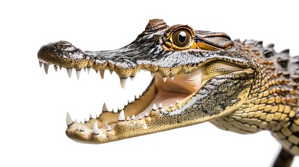 Obraz premium Young crocodile is opening its mouth showing its teeth against a white background