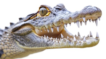 Fototapeta premium Young crocodile is opening its mouth showing its teeth against a white background 