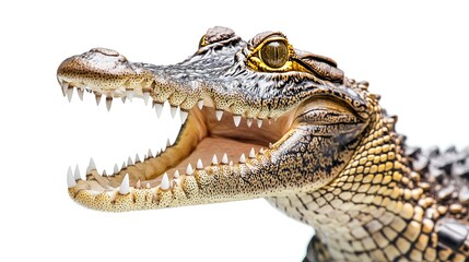 Fototapeta premium Young crocodile is opening its mouth showing its teeth against a white background