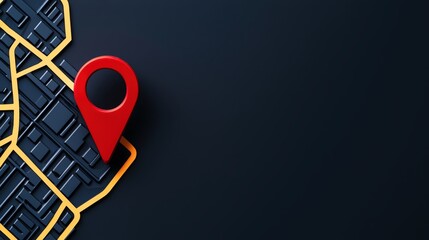 A vibrant map design featuring a red location pin on a dark background, ideal for navigation and travel themes.