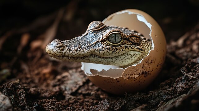 A baby crocodile is born by breaking an egg