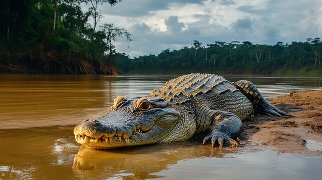 Adult Orinoco Crocodile spotted by river in Venezuela