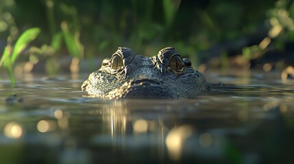 Fototapeta premium In the wetlands, an alligator glides silently through the water, its eyes and snout barely visible above the surface.