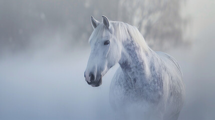 Naklejka premium white horse portrait movement, galloping in the mist