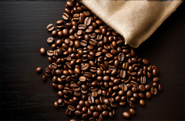 Coffee Beans Spill Out From Packaging Isolated On dark wood background