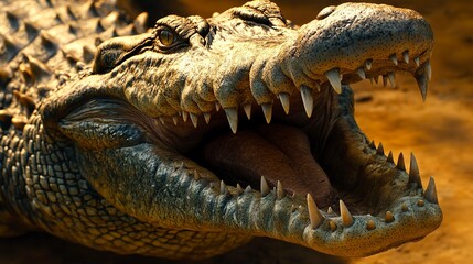 Obraz premium A menacing crocodile with its powerful jaws wide open, displaying rows of sharp teeth in a detailed close-up view 