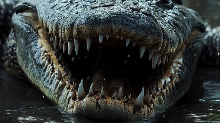 Obraz premium A menacing crocodile with its powerful jaws wide open, displaying rows of sharp teeth in a detailed close-up view 