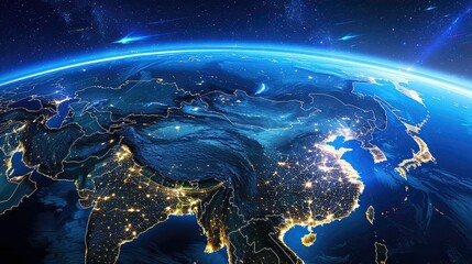 Fototapeta premium A satellite view of Earth at night, showcasing the glowing city lights of Asia, with a backdrop of stars and shooting stars in the dark blue sky.
