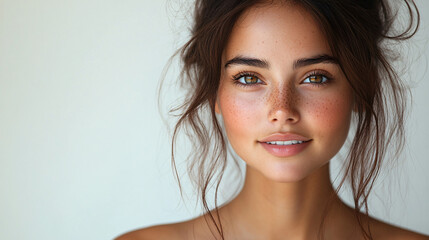 Obraz premium A hyperrealistic portrait of a beautiful young Hispanic woman smiling and looking to the side in contemplation, isolated on a white background.