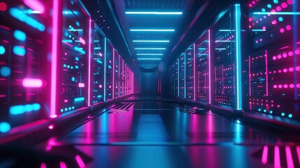Fototapeta premium A futuristic server room illuminated with pink and blue neon lights.