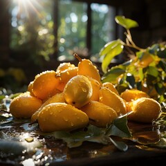 Professional landscape photo capture of piles of Buni fruit harvested by a farming family in the garden for sale