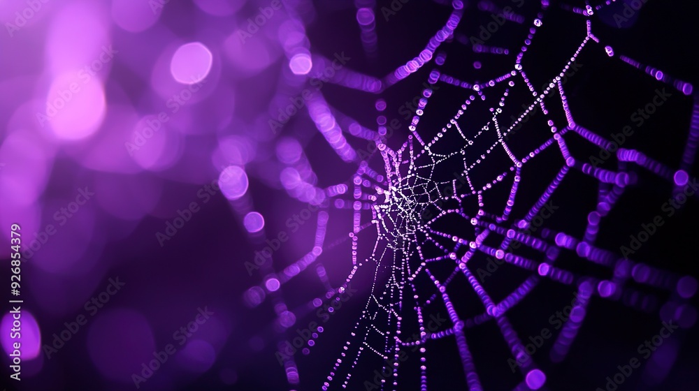 Canvas Prints close-up of a spider web with purple lighting against a dark background