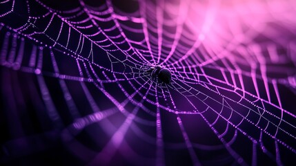 Close-up of a spider web with purple lighting against a dark background