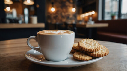 Hot cappuccino with heart-shaped latte art, served in a ceramic cup with biscuits on the side in a modern cafe