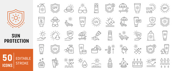 Sun protection icon set. Contains icons sunscreen, ultraviolet, sunglasses, SPF protection, umbrella, sunburn, sun hat and more. Vector illustration.