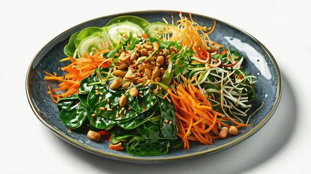 A plate of pecel, showcasing the vibrant mix of blanched vegetables such as spinach, bean sprouts, and cabbage, topped with peanut sauce, served on black plate, isolated on white background
