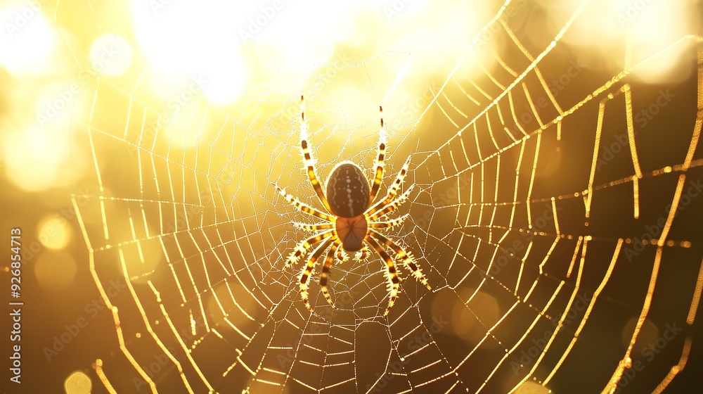 Wall mural close-up of a spider centered on a delicate web, with golden bokeh effect from the sunlight
