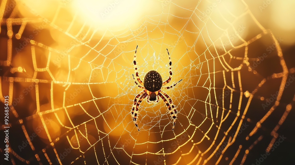 Canvas Prints close-up of a spider centered on a delicate web, with golden bokeh effect from the sunlight